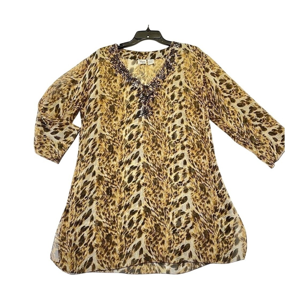Indian Tropical Fashion Tunic‎ Women S/M Brown Animal Print Beaded V-Neck Rayon